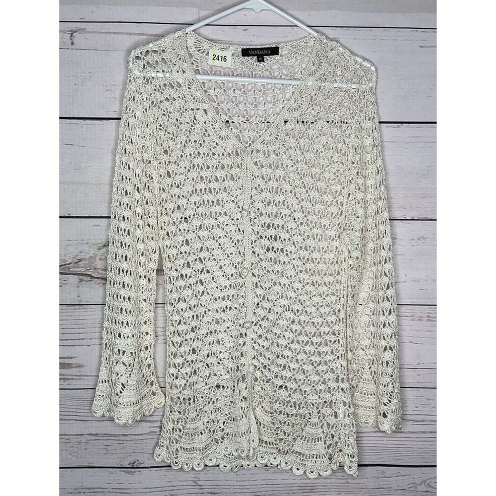 NWOT Vandana Cream/Ivory CrochetLace Scalloped Hem Button Front Cardigan Women L